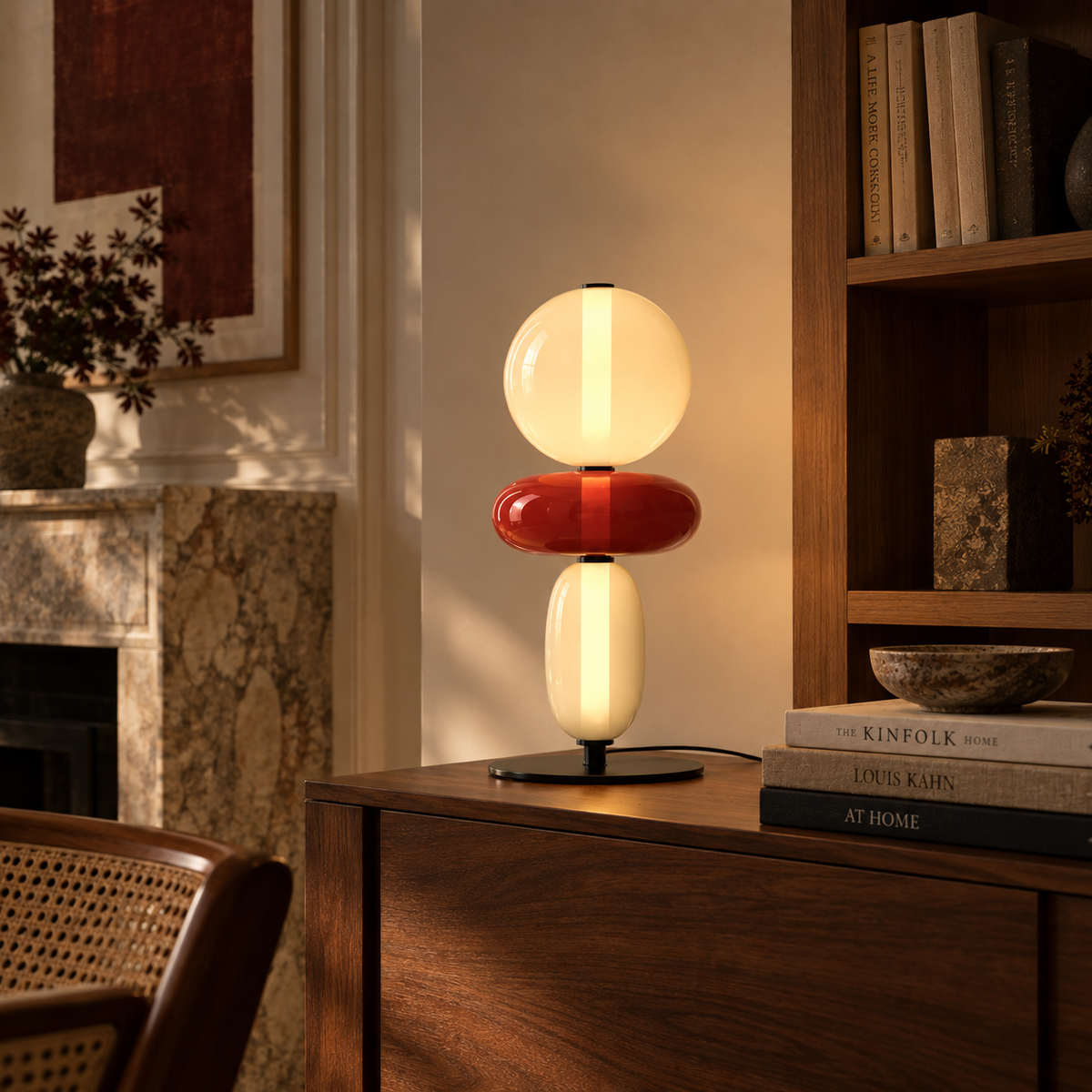 Stacked glass totem table lamp on a sideboard
