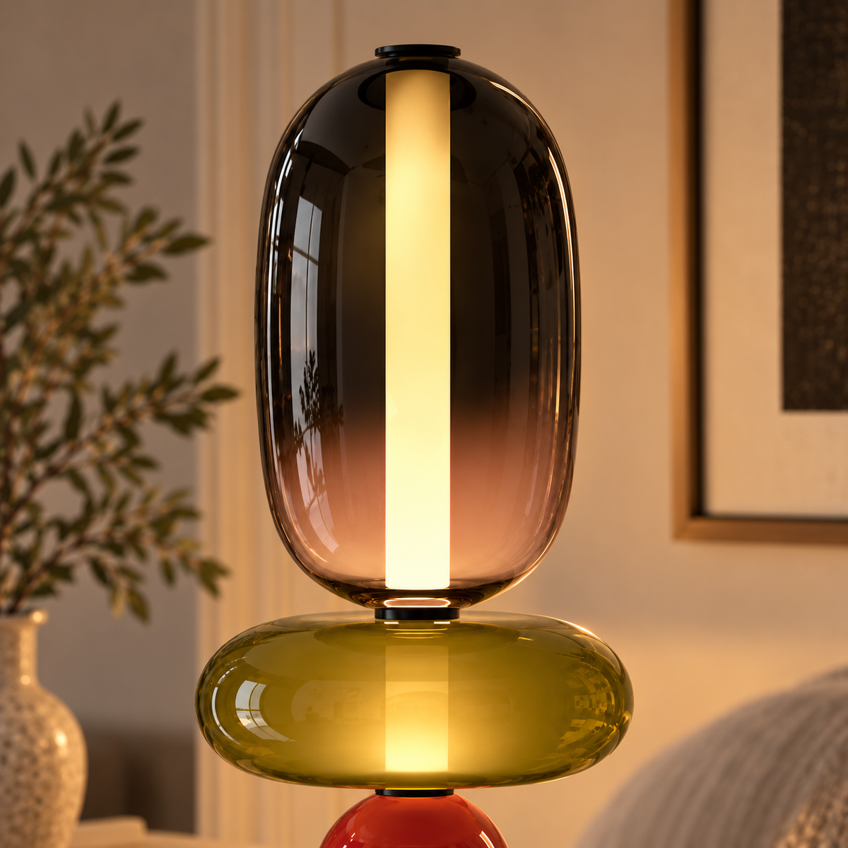 Stacked Glass Totem Table Lamp | 3 Coloured Shades, 45 cm, Bedside & Living Room