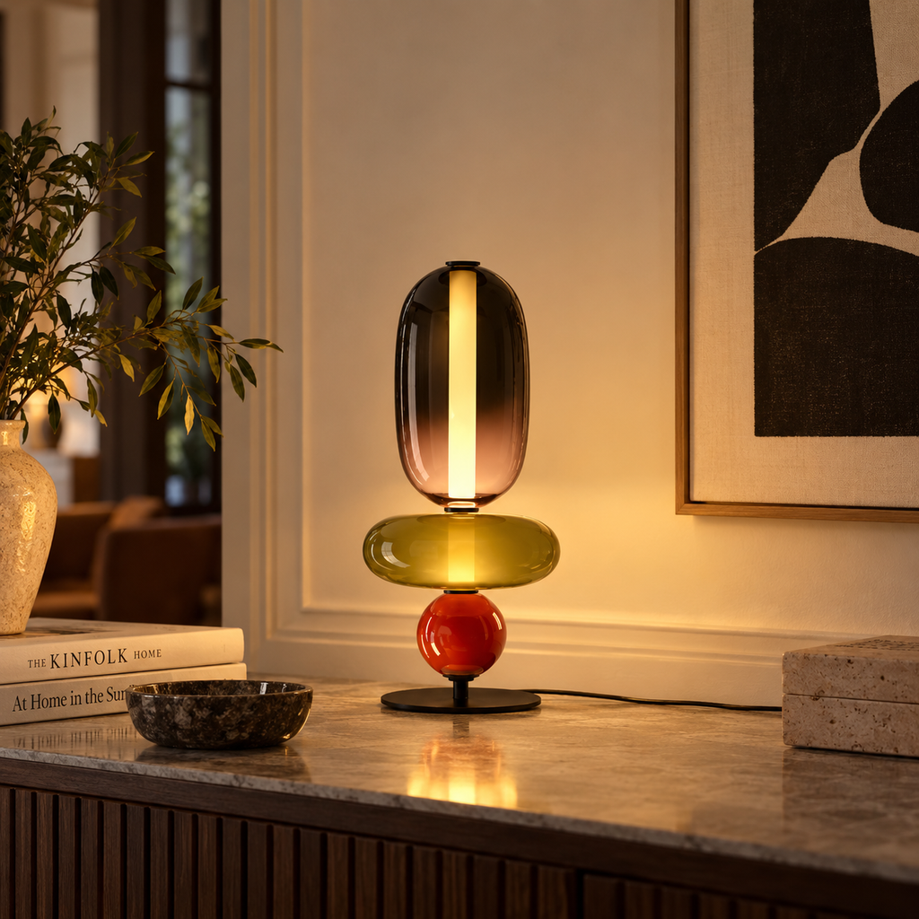 Stacked Glass Totem Table Lamp | 3 Coloured Shades, 45 cm, Bedside & Living Room
