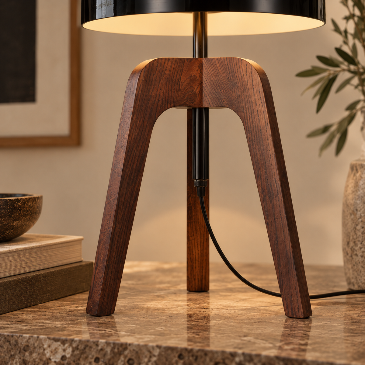 Tripod Table Lamp 52cm - Ash Wood Dome Shade Modern Bedside Light
