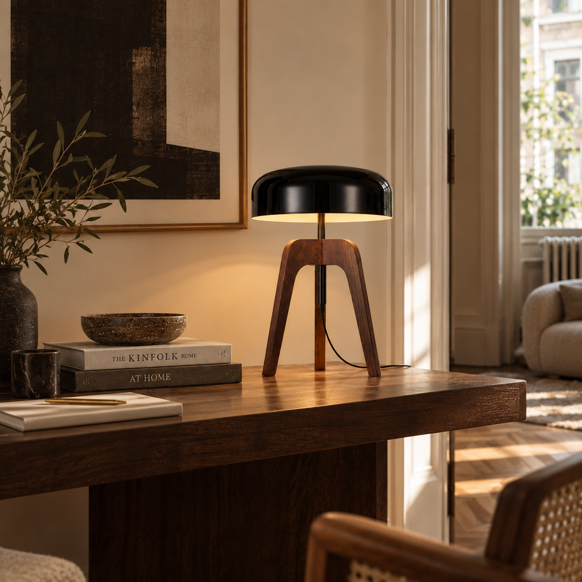 Tripod Table Lamp 52cm - Ash Wood Dome Shade Modern Bedside Light