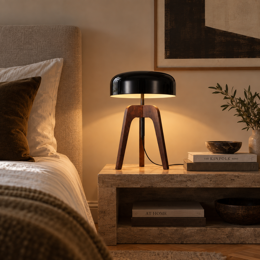 Tripod Table Lamp 52cm - Ash Wood Dome Shade Modern Bedside Light