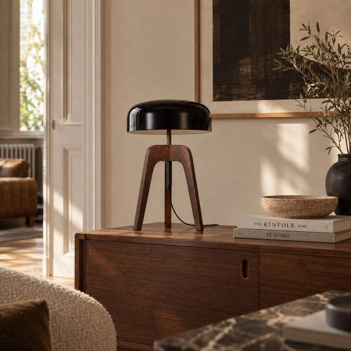 Tripod Table Lamp 52cm - Ash Wood Dome Shade Modern Bedside Light