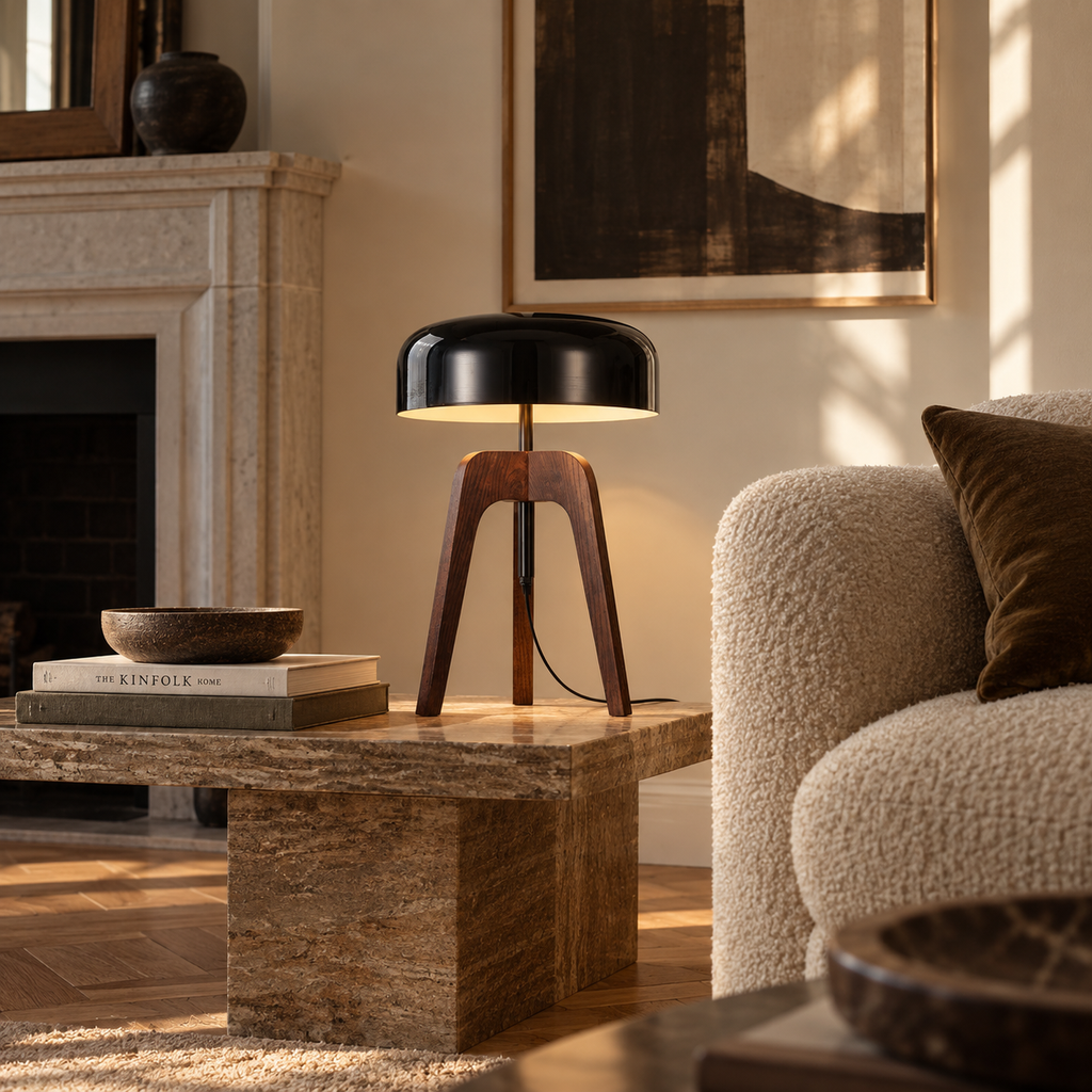 Tripod Table Lamp 52cm - Ash Wood Dome Shade Modern Bedside Light