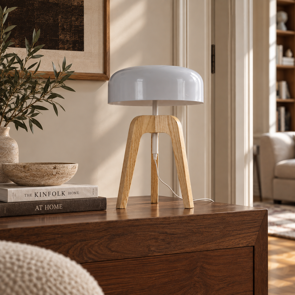 Tripod Table Lamp 52cm - Ash Wood Dome Shade Modern Bedside Light