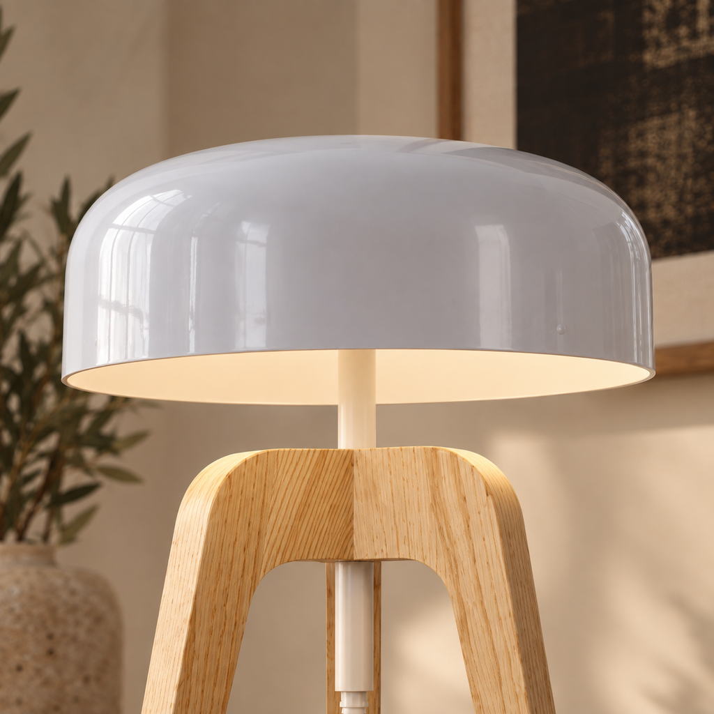 Tripod Table Lamp 52cm - Ash Wood Dome Shade Modern Bedside Light
