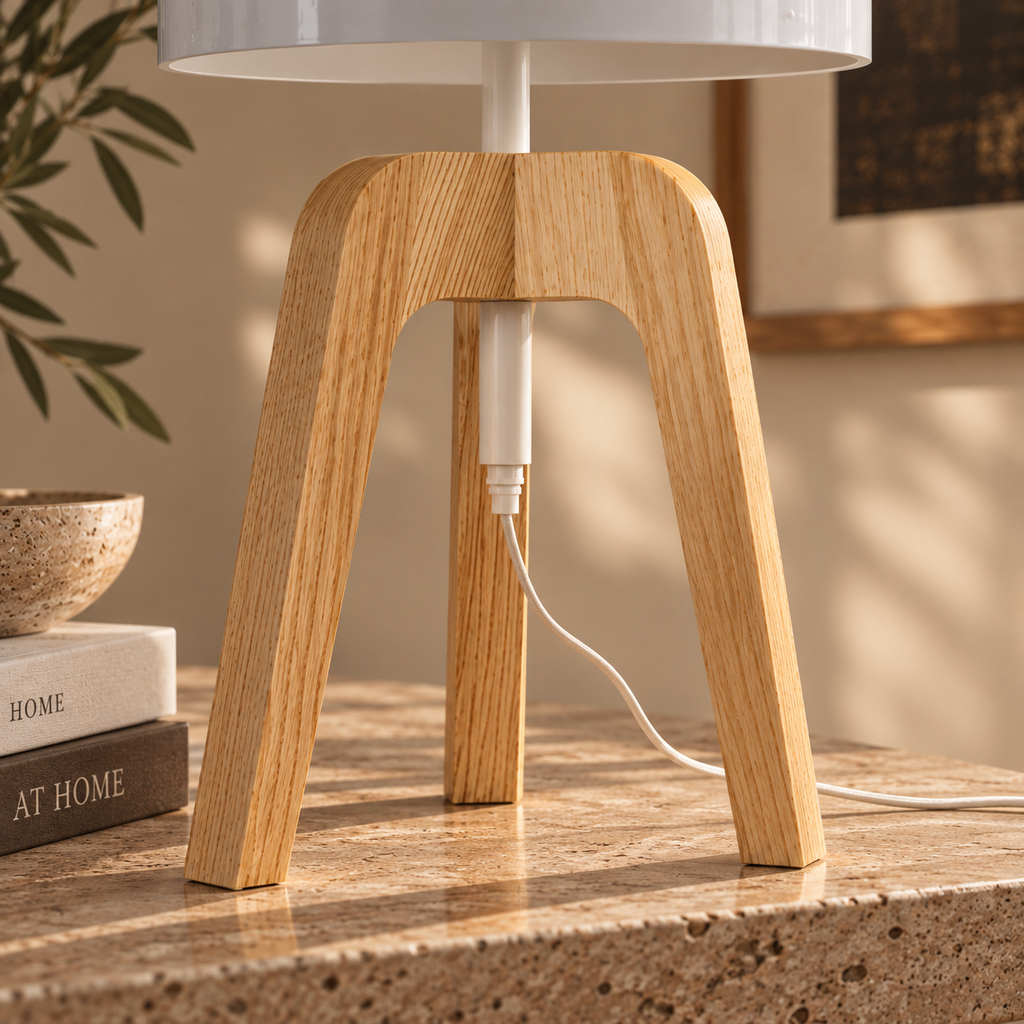 Tripod Table Lamp 52cm - Ash Wood Dome Shade Modern Bedside Light