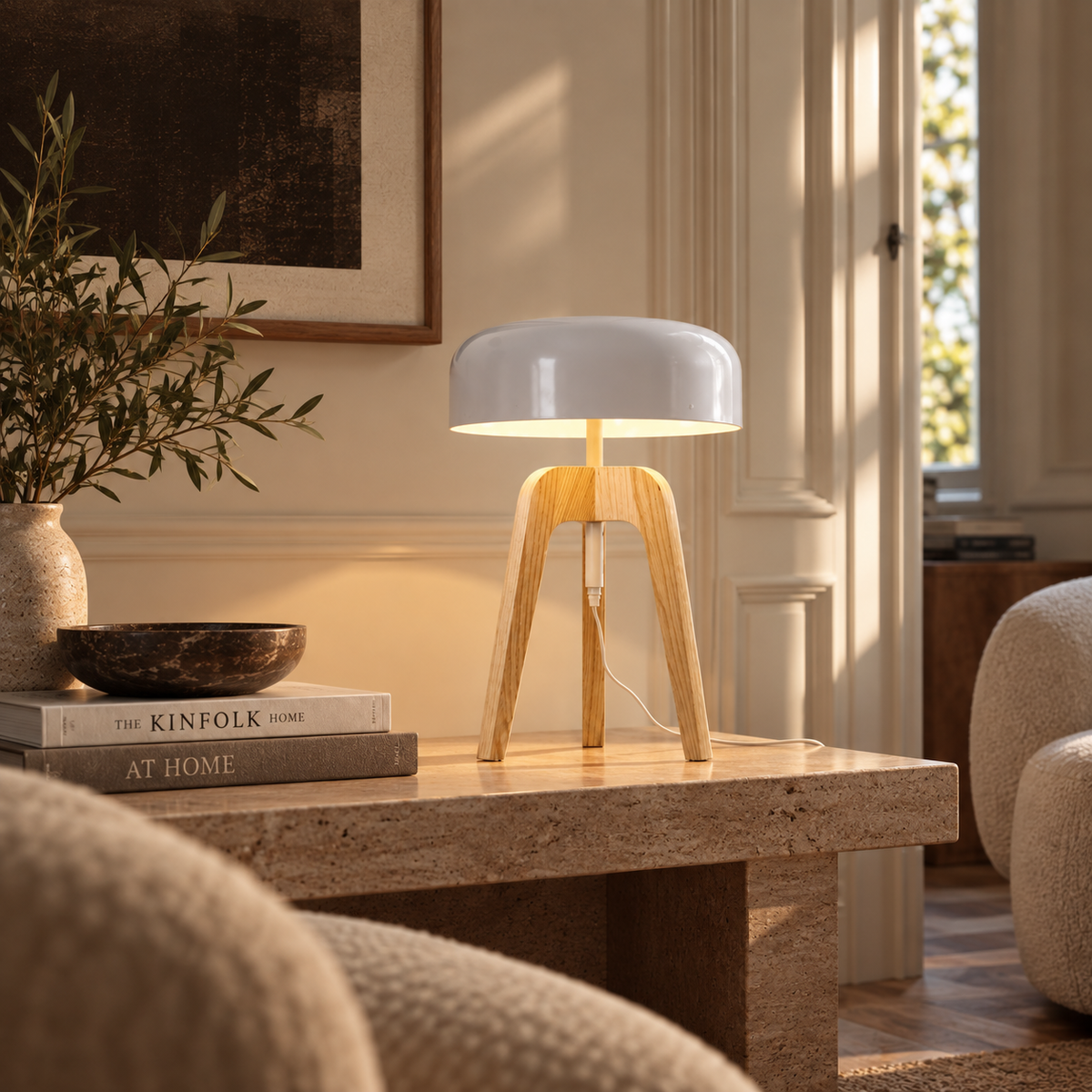 Tripod Table Lamp 52cm - Ash Wood Dome Shade Modern Bedside Light