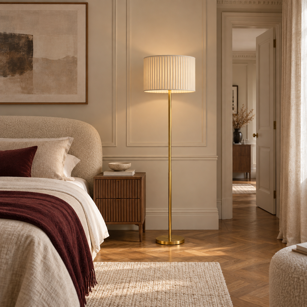 French Pleated Fabric Floor Lamp - Remote Dimmable Living Room Light
