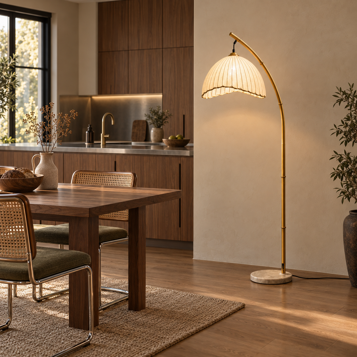 Bamboo-Effect Arc Floor Lamp - Japanese Lantern Marble Base Living Room