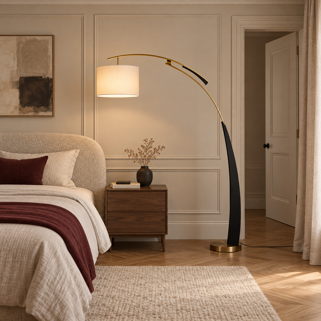 Arc Floor Lamp 180cm - Modern Fabric Shade Living Room Standing Light