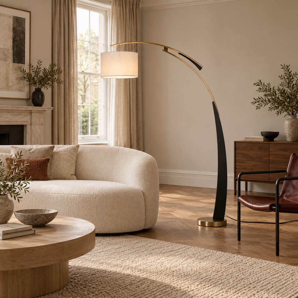 Arc Floor Lamp 180cm - Modern Fabric Shade Living Room Standing Light