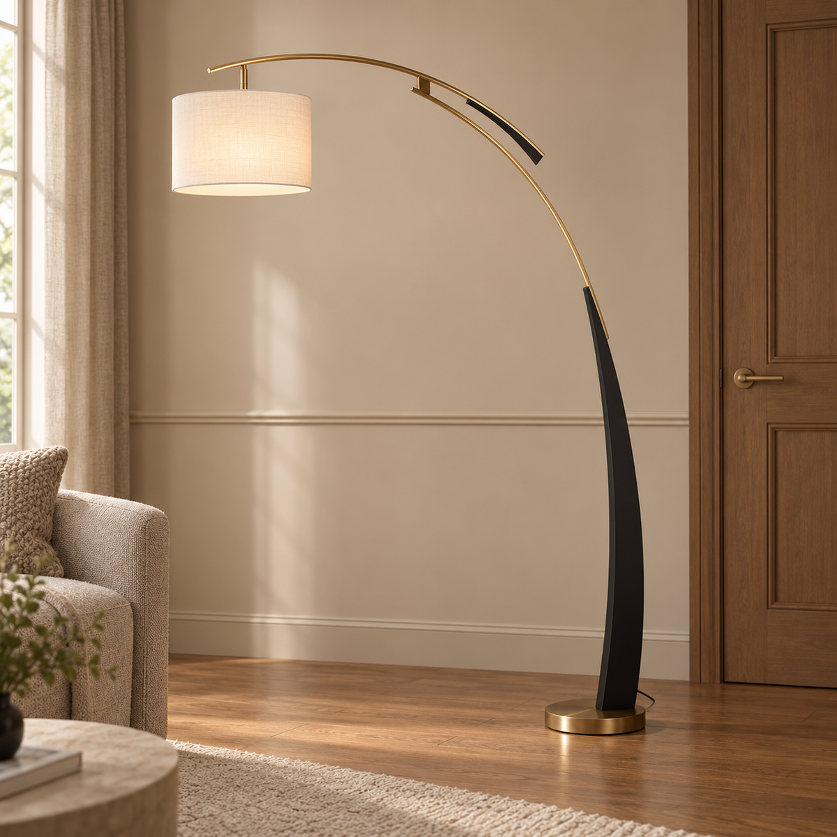 Arc Floor Lamp 180cm - Modern Fabric Shade Living Room Standing Light