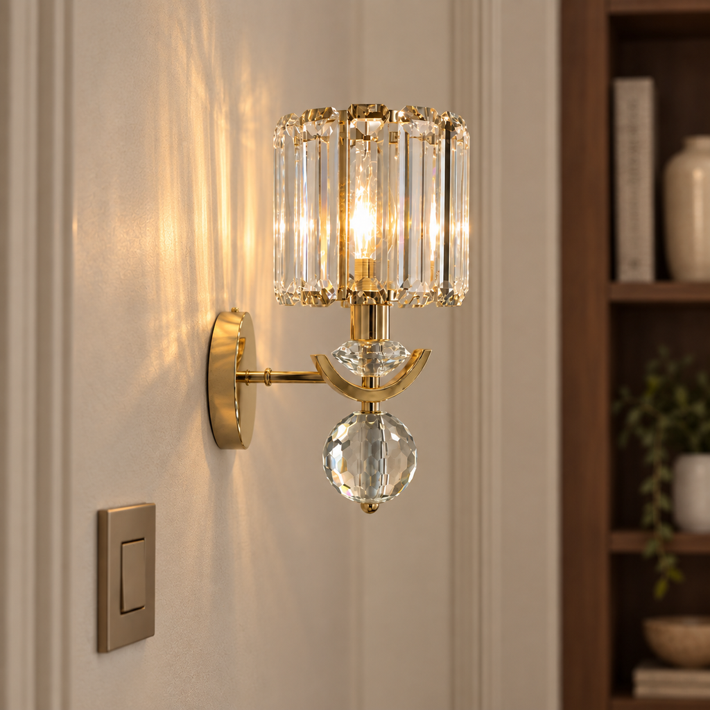 Crystal Wall Sconce 41cm - Gold Straight Rod Bedside Light