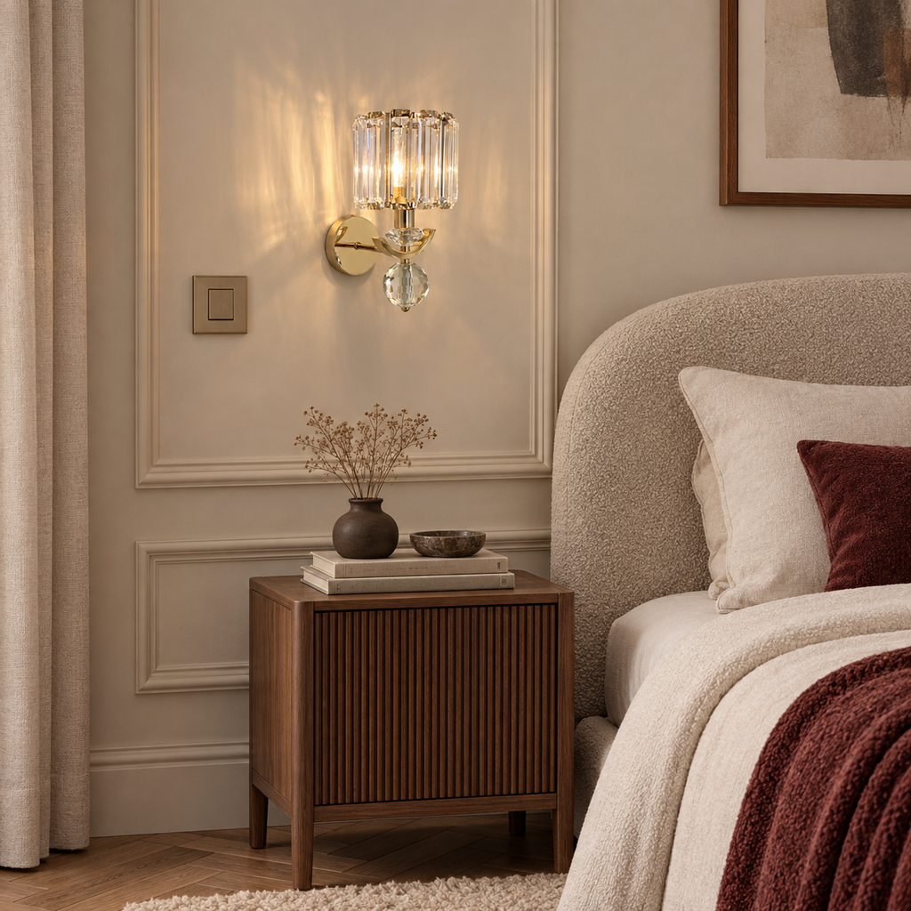 Crystal Wall Sconce 41cm - Gold Straight Rod Bedside Light