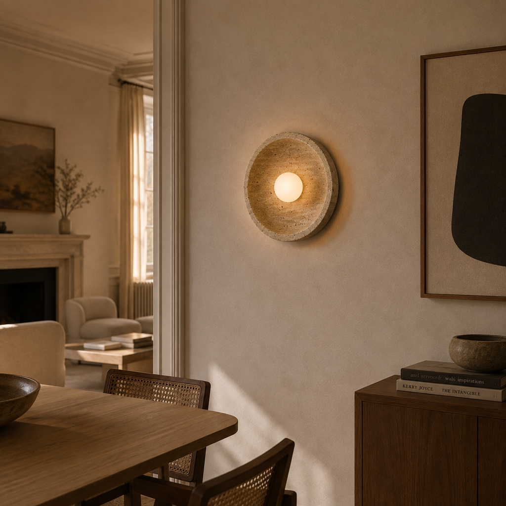 Travertine Wall Light - Textured Disc Glass Globe Sconce