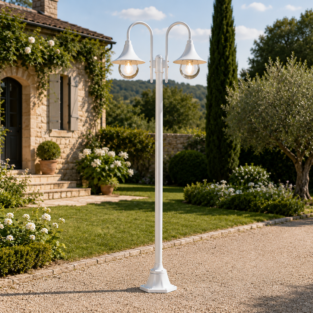 Garden Post Light - White Aluminium 2-Lantern Outdoor Lamp Post