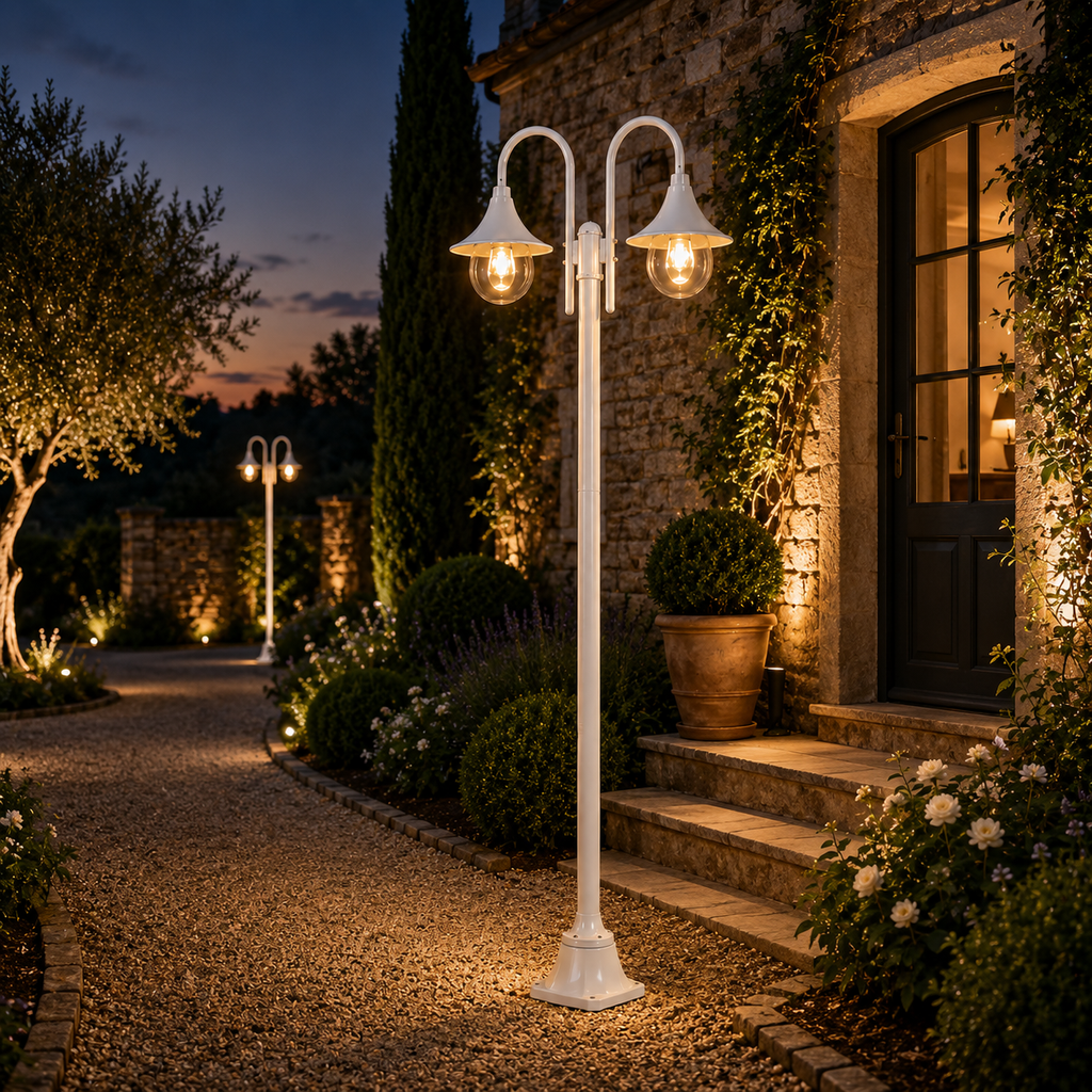 Garden Post Light - White Aluminium 2-Lantern Outdoor Lamp Post