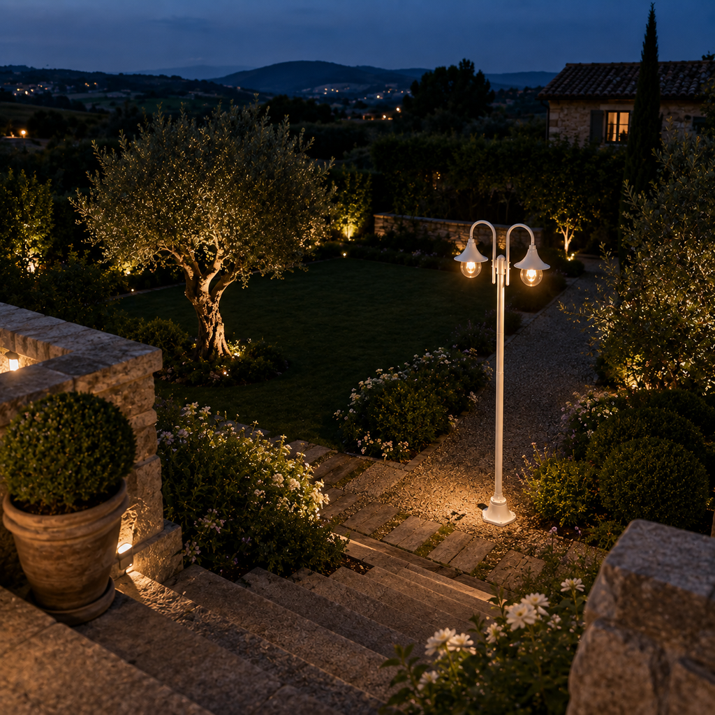 Garden Post Light - White Aluminium 2-Lantern Outdoor Lamp Post