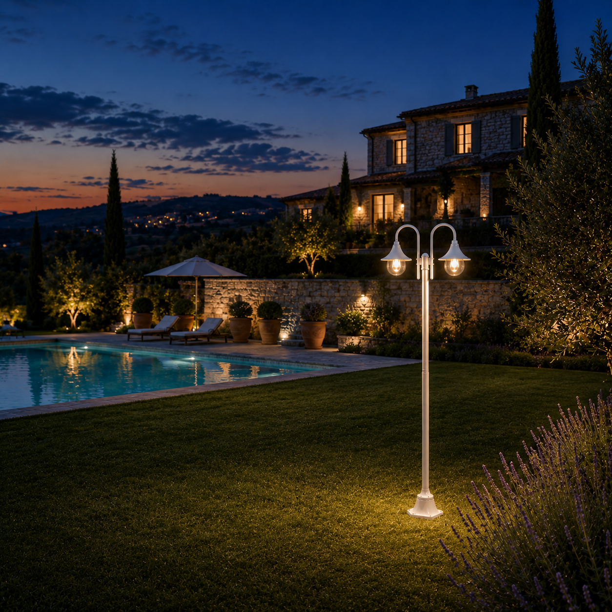 Garden Post Light - White Aluminium 2-Lantern Outdoor Lamp Post