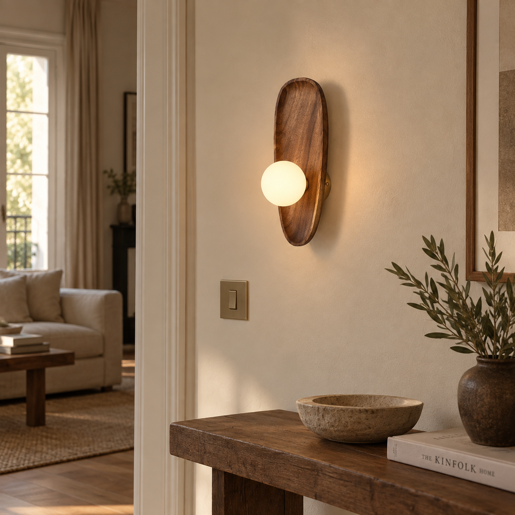 Wooden Wall Light 26-30cm - Frosted Glass Japanese Hallway Sconce