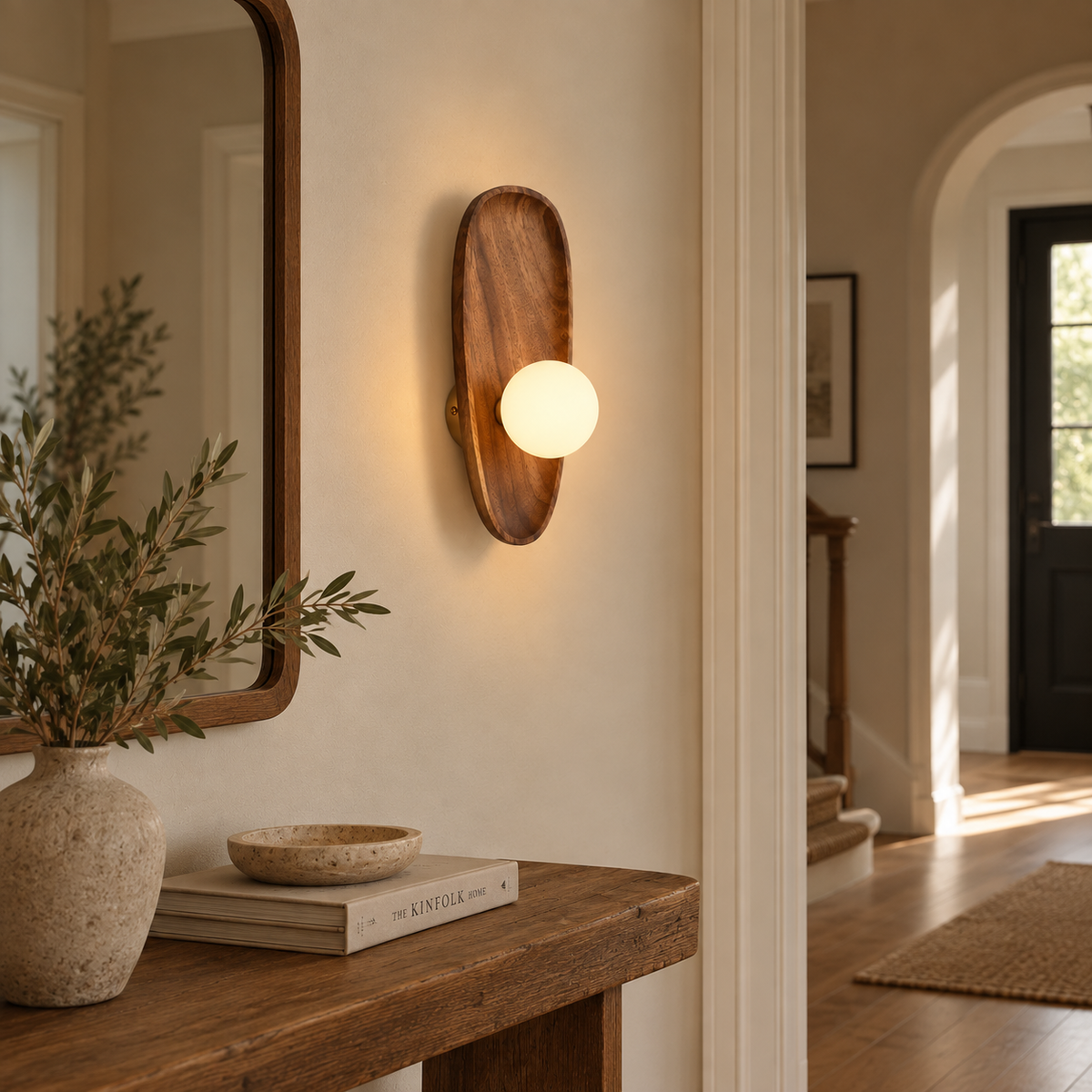 Wooden Wall Light 26-30cm - Frosted Glass Japanese Hallway Sconce