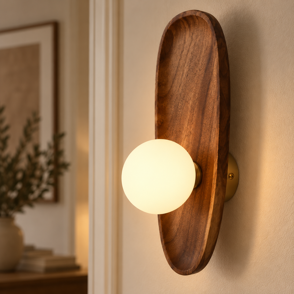 Wooden Wall Light 26-30cm - Frosted Glass Japanese Hallway Sconce