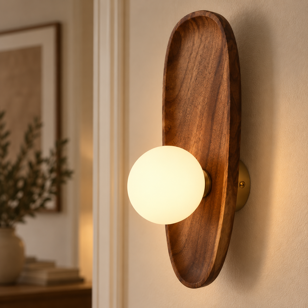 Wooden Wall Light 26-30cm - Frosted Glass Japanese Hallway Sconce