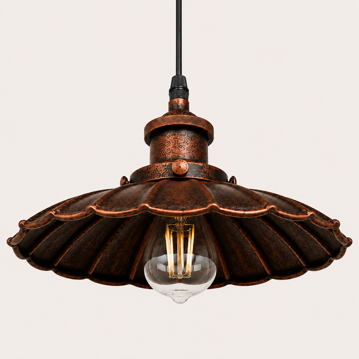 Rustic Pendant Light - Scalloped Copper Shade