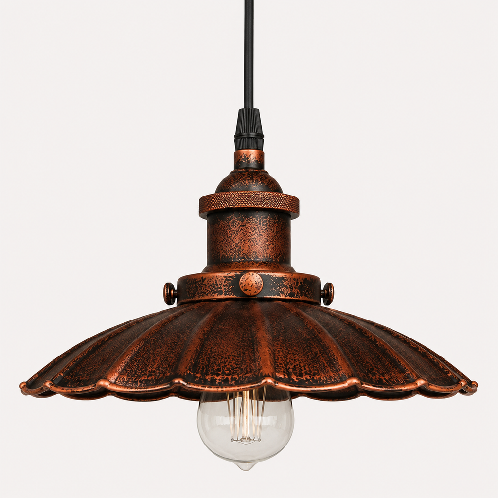 Rustic Pendant Light - Scalloped Copper Shade
