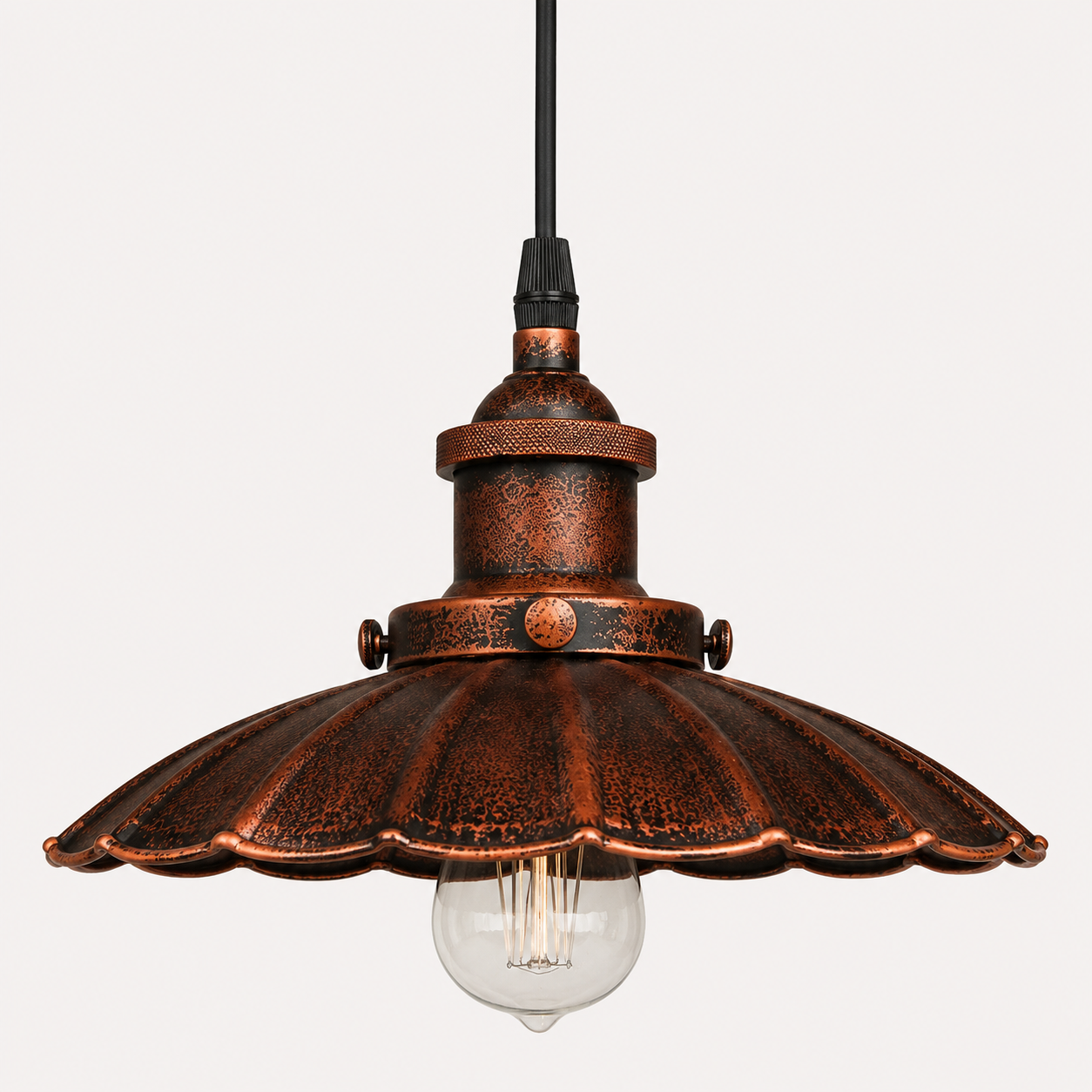 Rustic Pendant Light - Scalloped Copper Shade