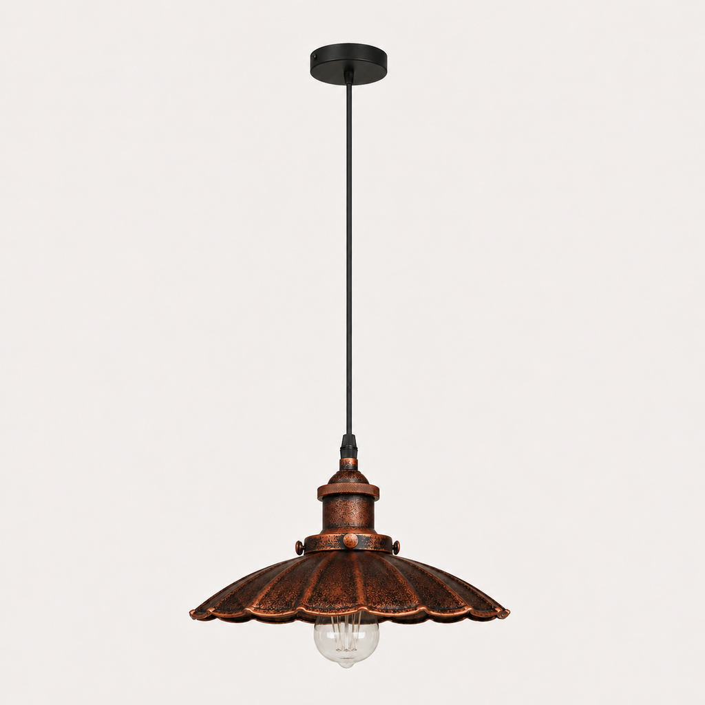 Rustic Pendant Light - Scalloped Copper Shade