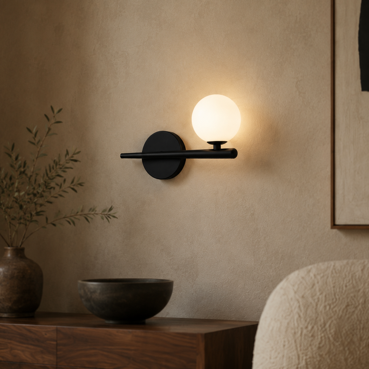 Brass Arm Wall Light -  Minimalist Glass Globe Sconce