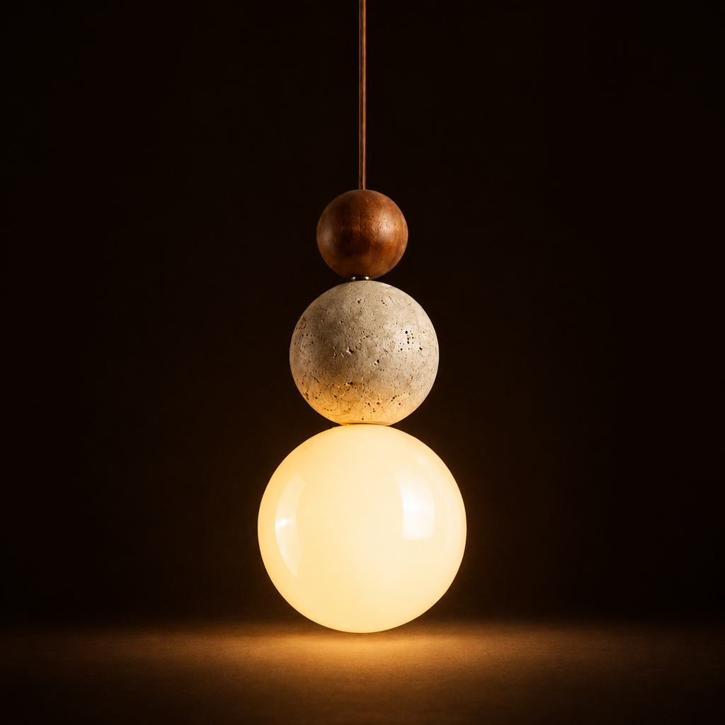 Travertine Stone Pendant Light - Japandi Wood Hanging Light