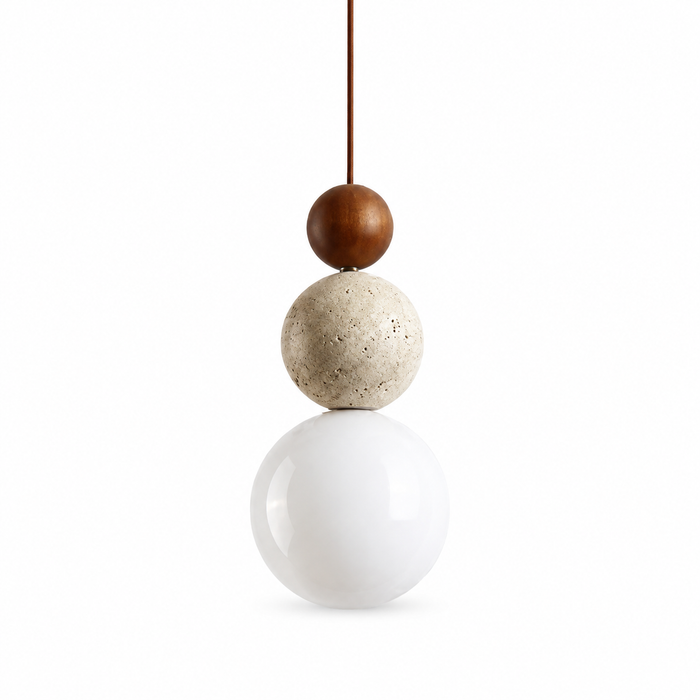 Travertine Stone Pendant Light - Japandi Wood Hanging Light