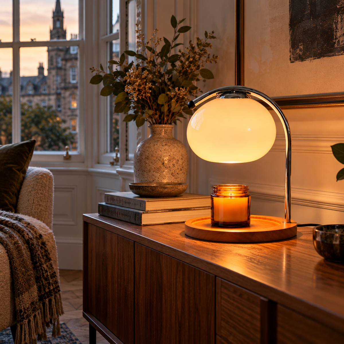 Retro Glass Candle Warmer Lamp | Dimmable Dome Shade, Wood Base, Milky White, Orange or Yellow