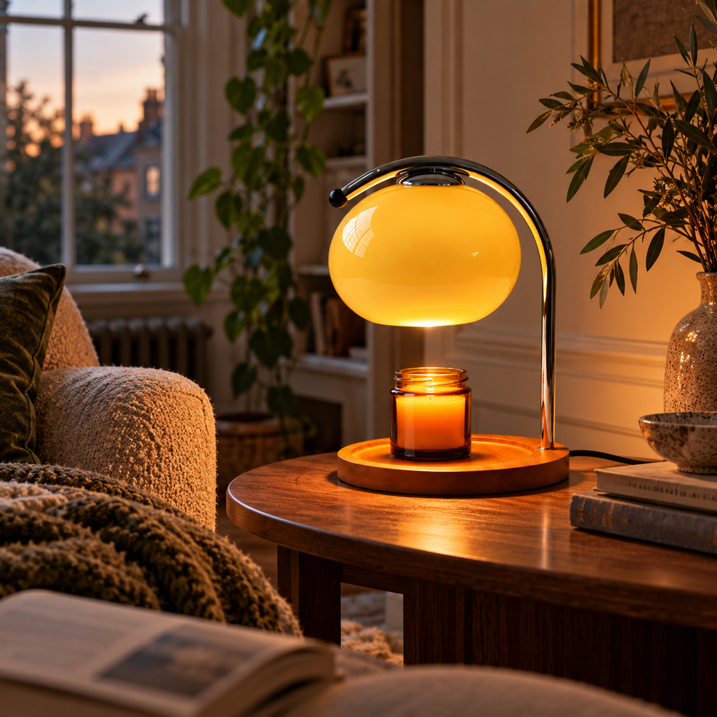 Retro Glass Candle Warmer Lamp | Dimmable Dome Shade, Wood Base, Milky White, Orange or Yellow