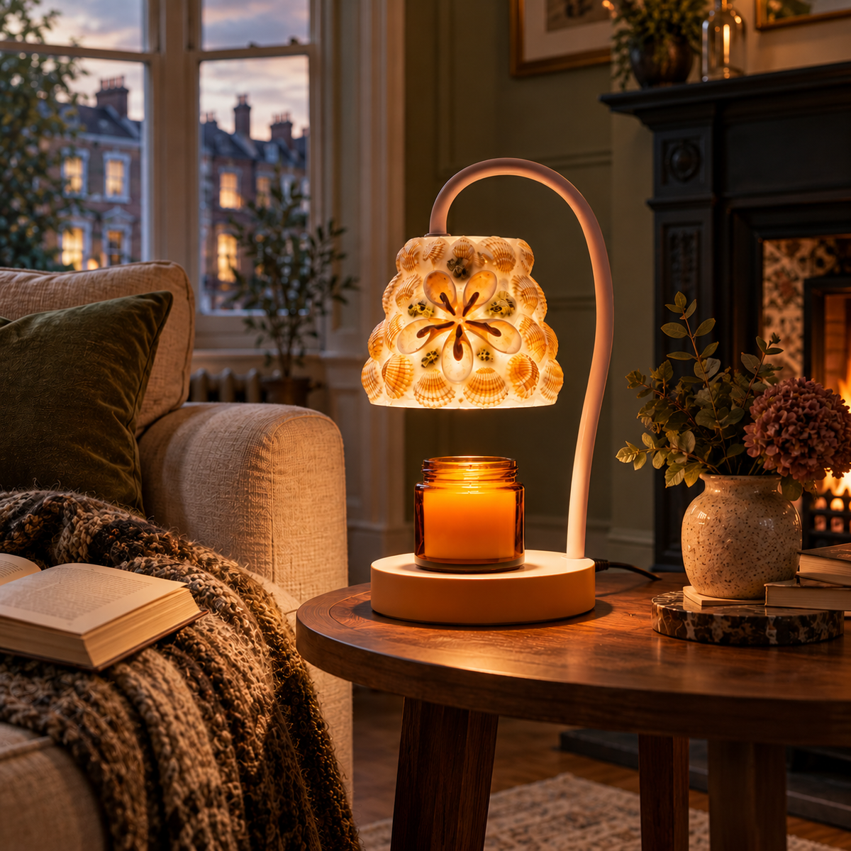 Shell Mosaic Candle Warmer Lamp | Bell Shade, White Gooseneck Arm & Base, 12 x 25 cm, UK Plug