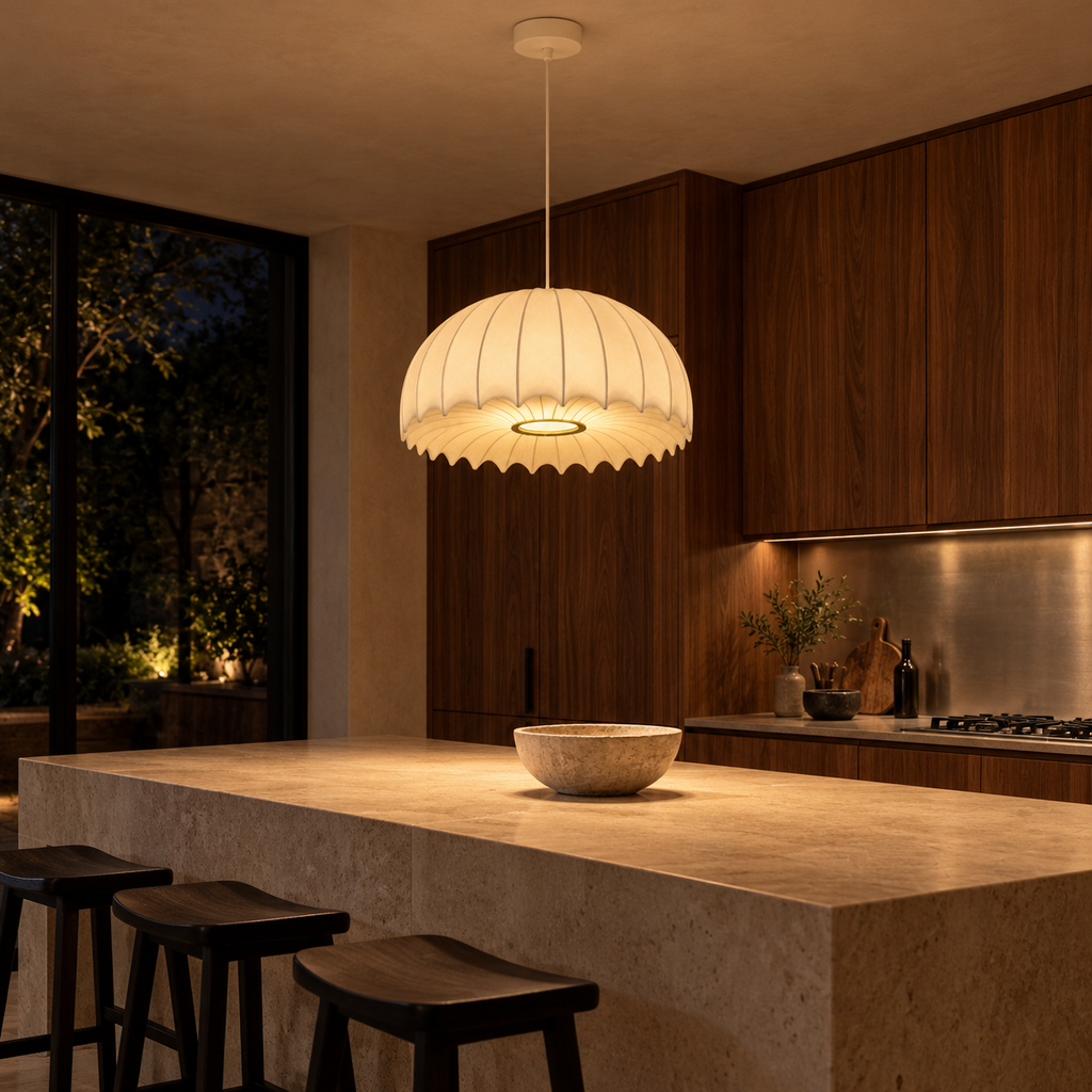 Scalloped Dome Silk Pendant Light | 40/50 cm, Long Drop for High Ceilings