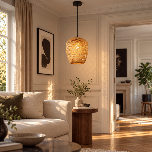 Bamboo Woven Pendant Light | Natural Rattan Barrel Shade, 23 cm, Kitchen Island