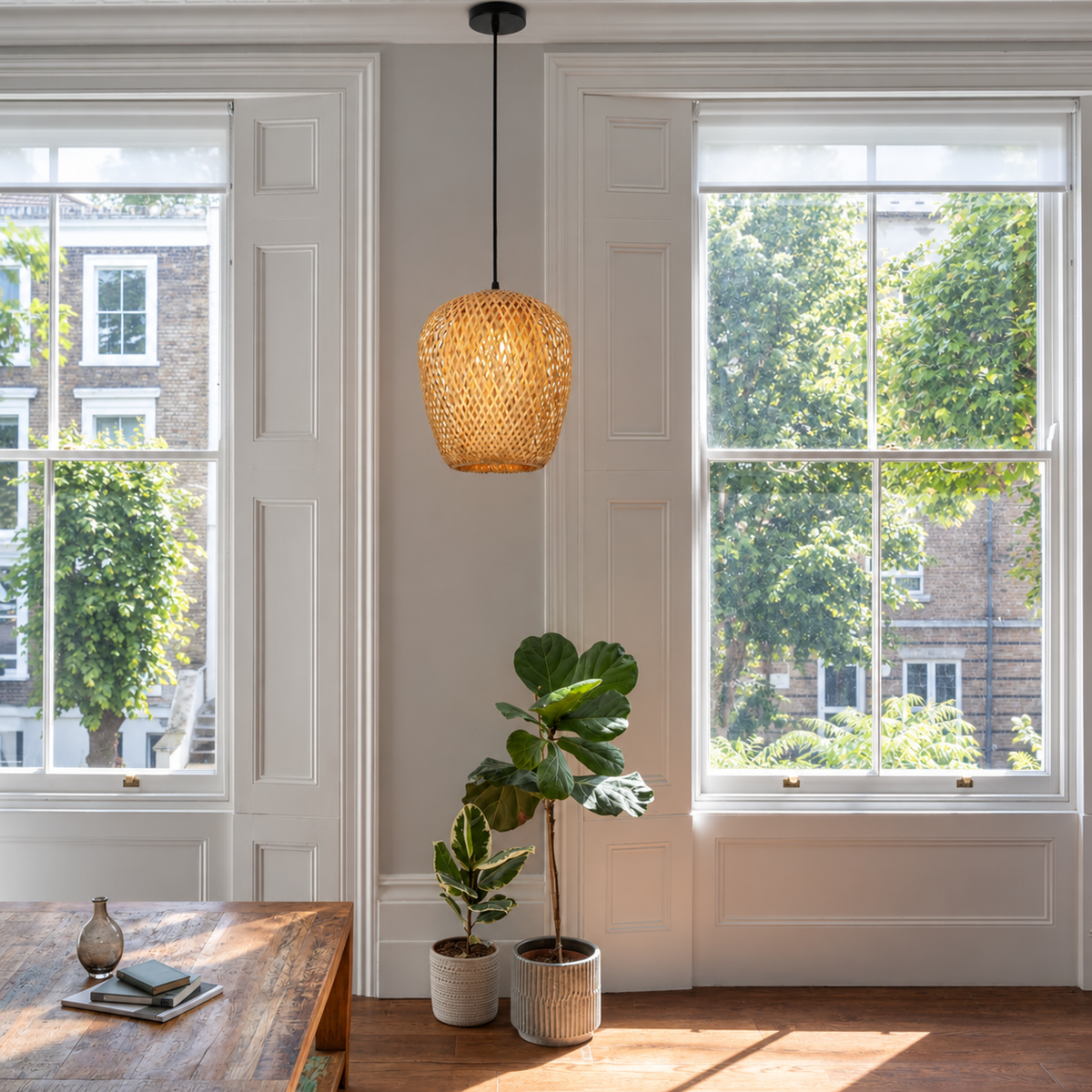 Bamboo Woven Pendant Light | Natural Rattan Barrel Shade, 23 cm, Kitchen Island
