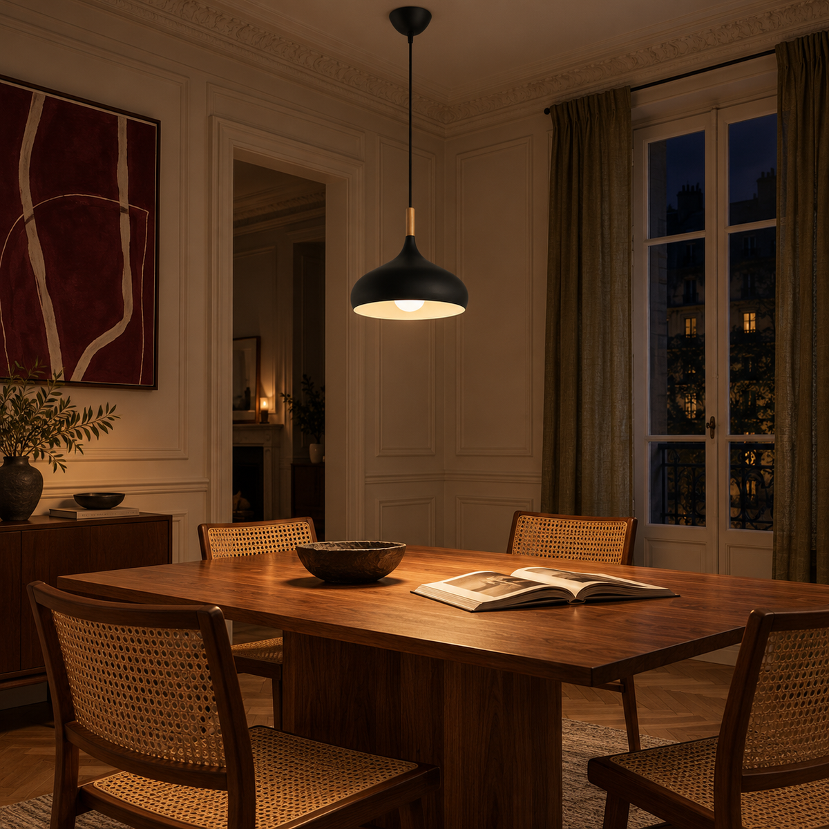 Dome Pendant Light | Matt Metal & Wooden Accent, 4 Colours, Kitchen & Dining