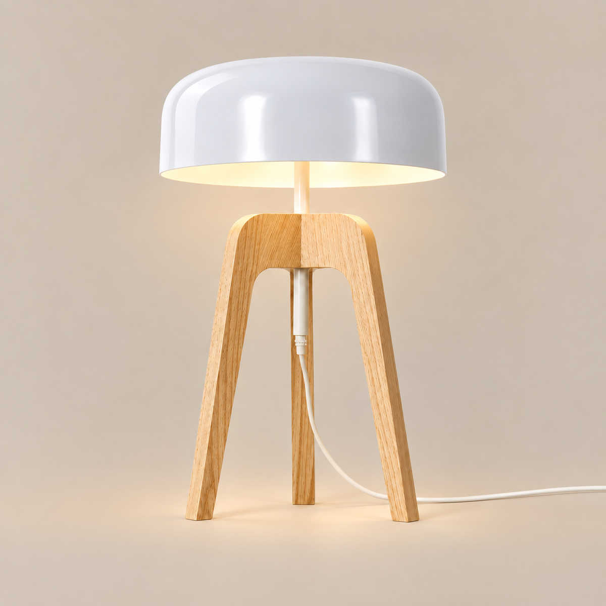 Tripod Table Lamp 52cm - Ash Wood Dome Shade Modern Bedside Light