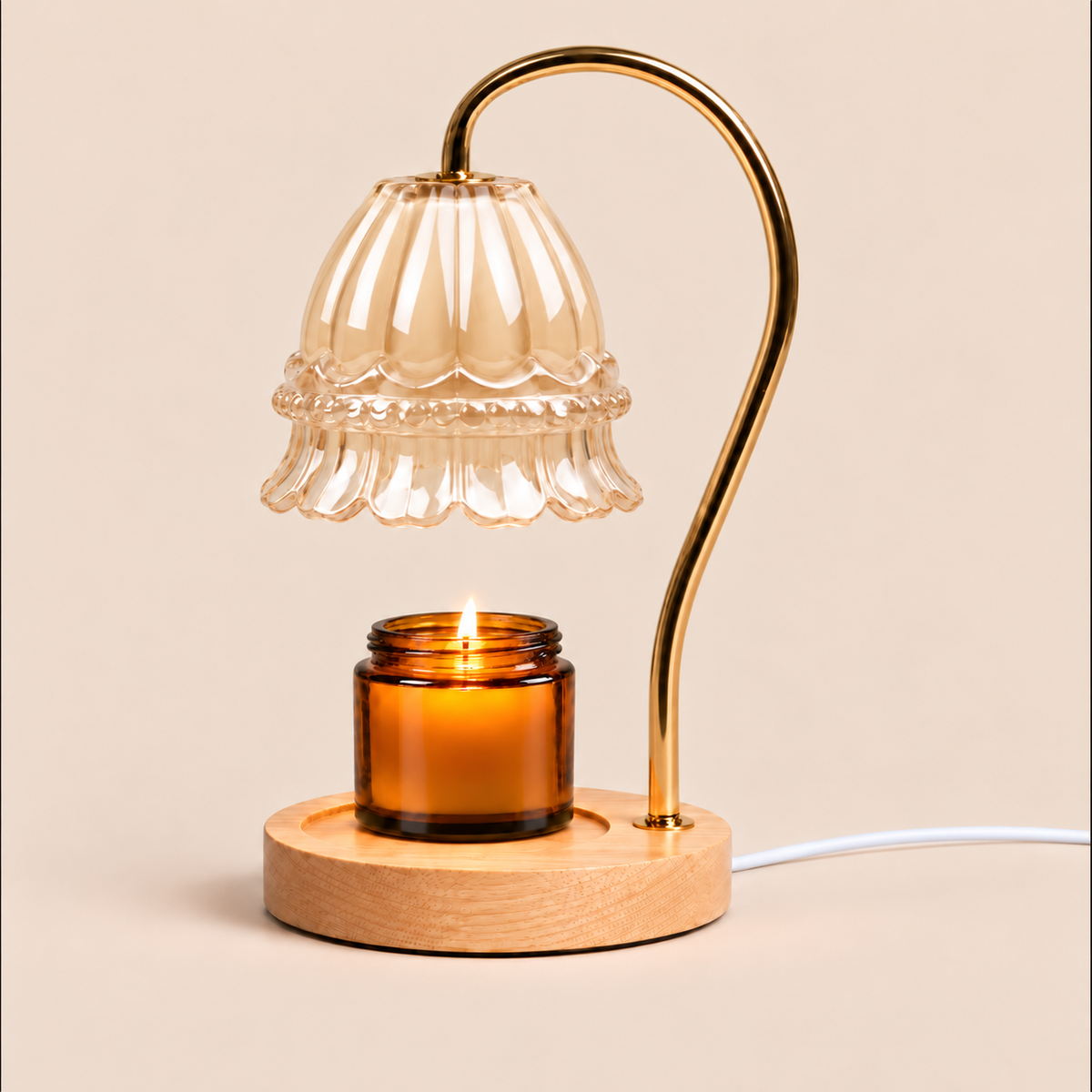 Flower Glass Candle Warmer Lamp | Brass Arm & Wood Base, 5 Shade Colours