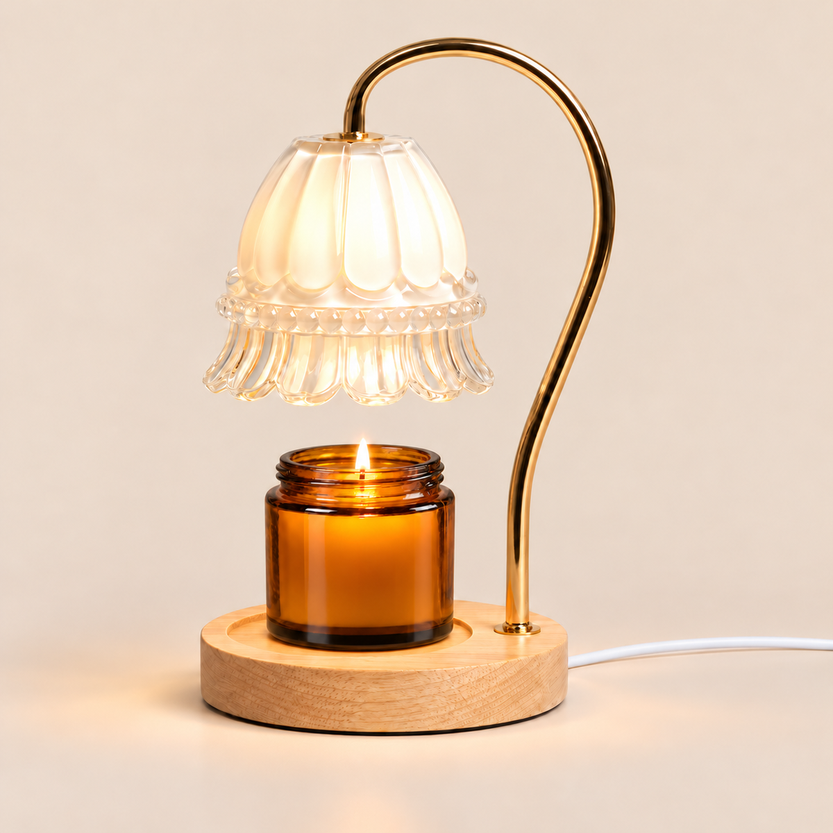 Flower Glass Candle Warmer Lamp | Brass Arm & Wood Base, 5 Shade Colours