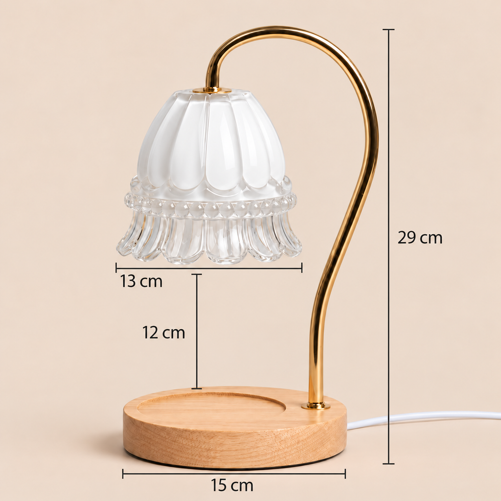 Flower Glass Candle Warmer Lamp | Brass Arm & Wood Base, 5 Shade Colours