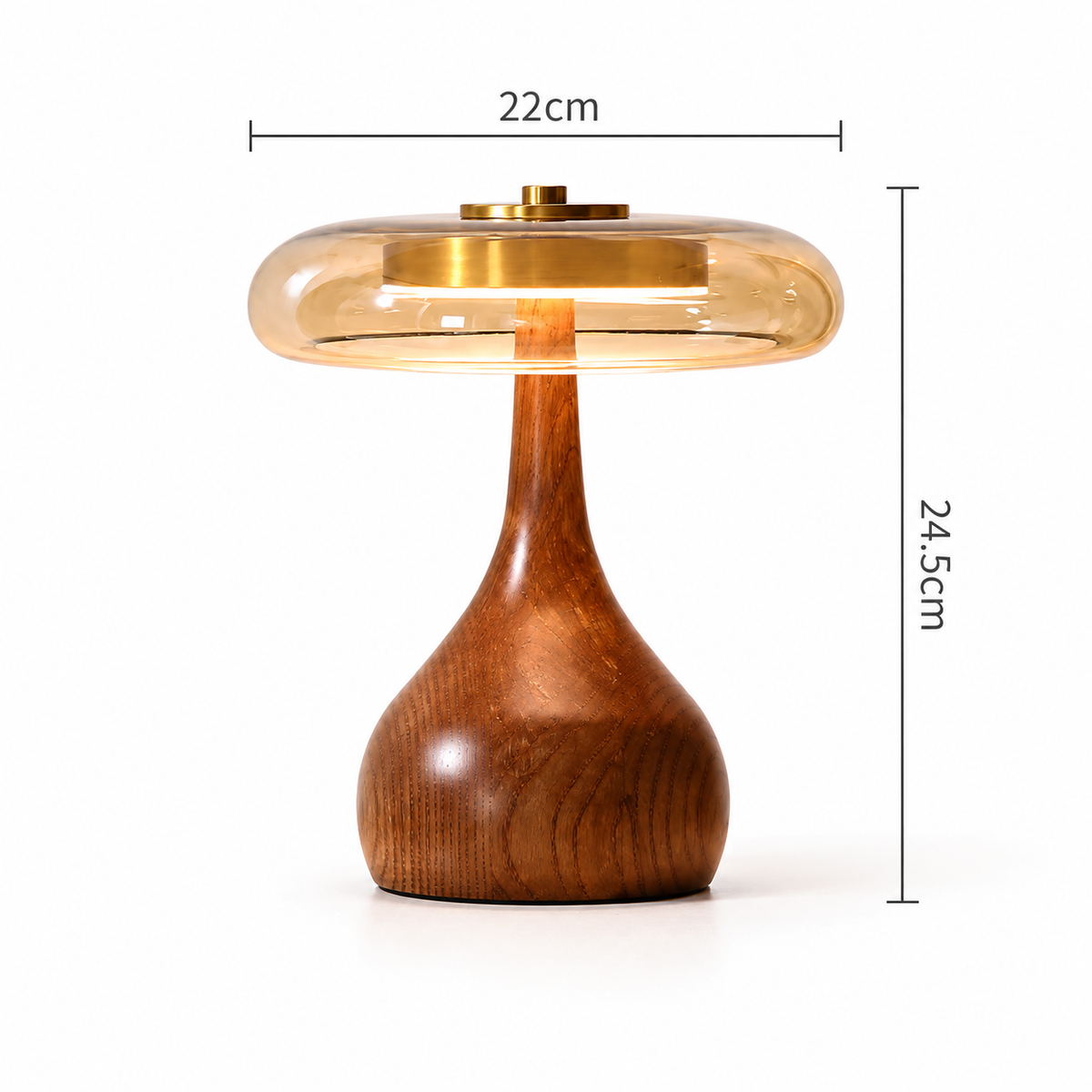 Amber Glass Table Lamp | Teardrop Wood Base & Brass Cap, 22 cm Shade, 24.5 or 31.5 cm Tall