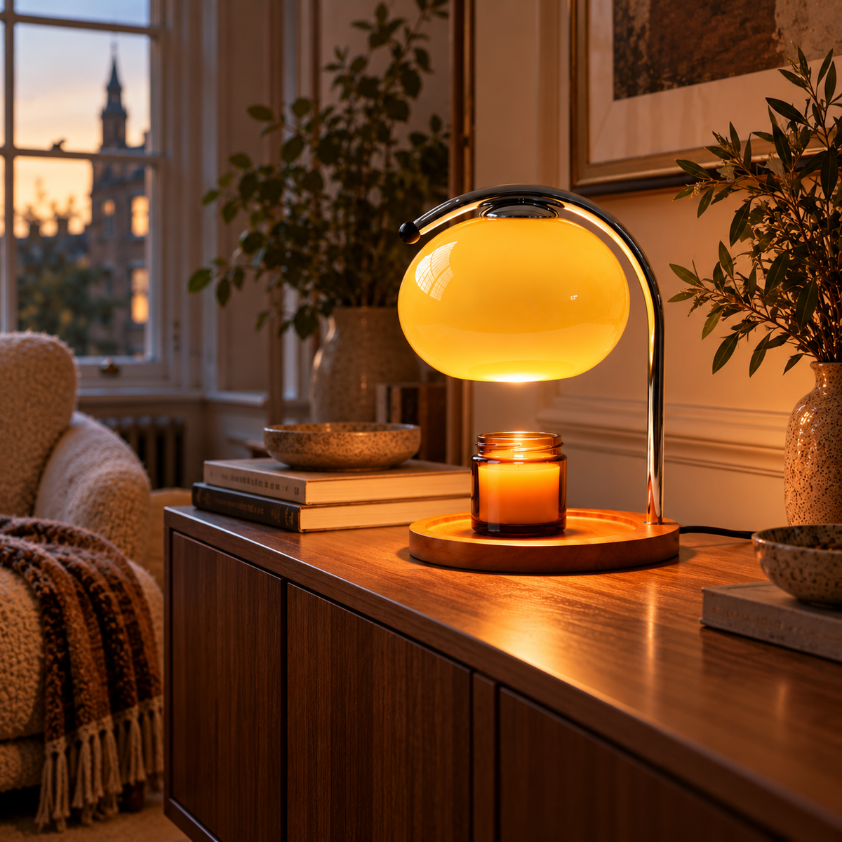 Retro Glass Candle Warmer Lamp | Dimmable Dome Shade, Wood Base, Milky White, Orange or Yellow