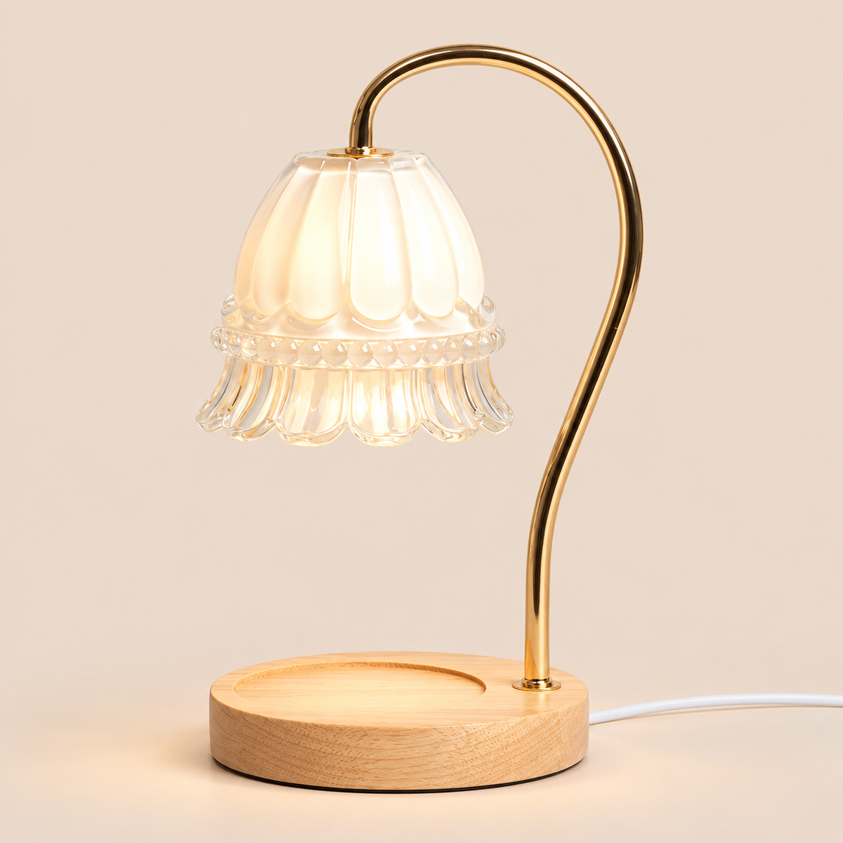 Flower Glass Candle Warmer Lamp | Brass Arm & Wood Base, 5 Shade Colours