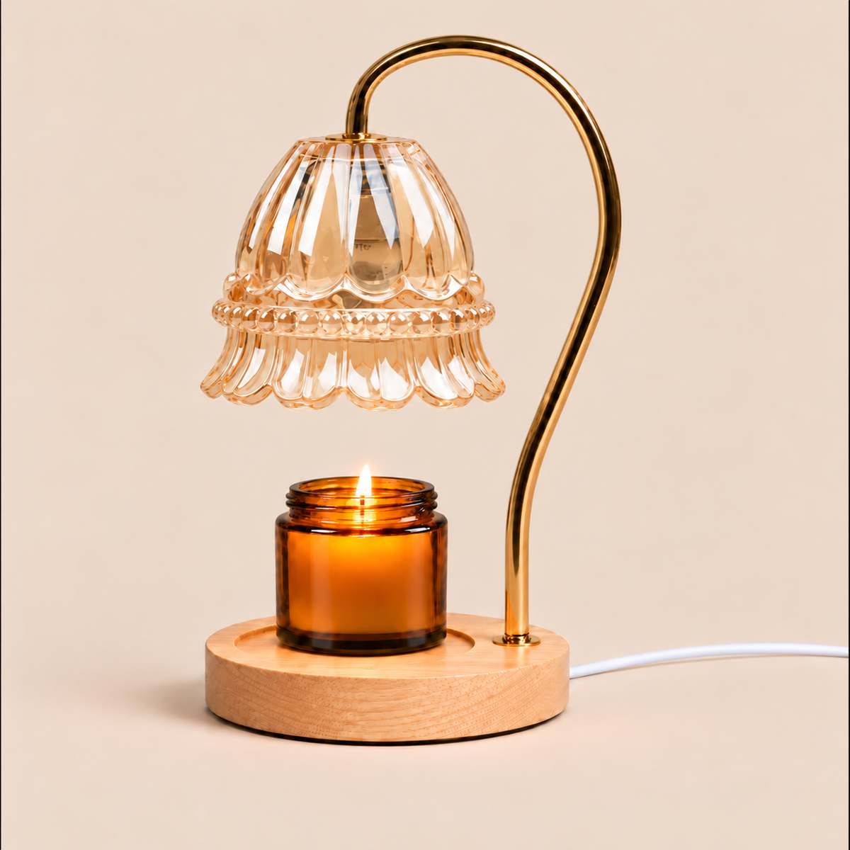Flower Glass Candle Warmer Lamp | Brass Arm & Wood Base, 5 Shade Colours